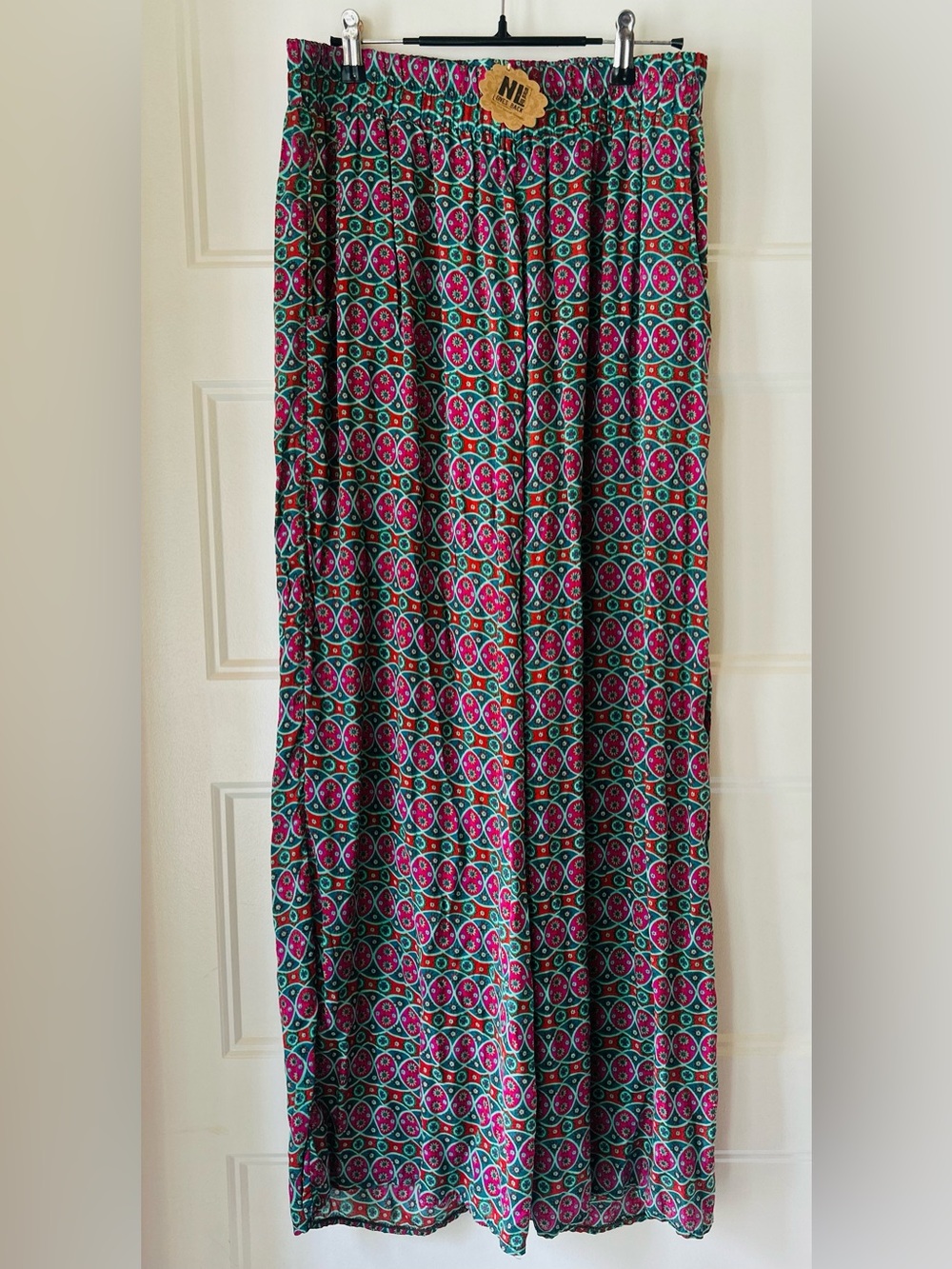 Natural Life Live Happy Palazzo Pants L Boho Paisley Wide Leg Festival Colorful